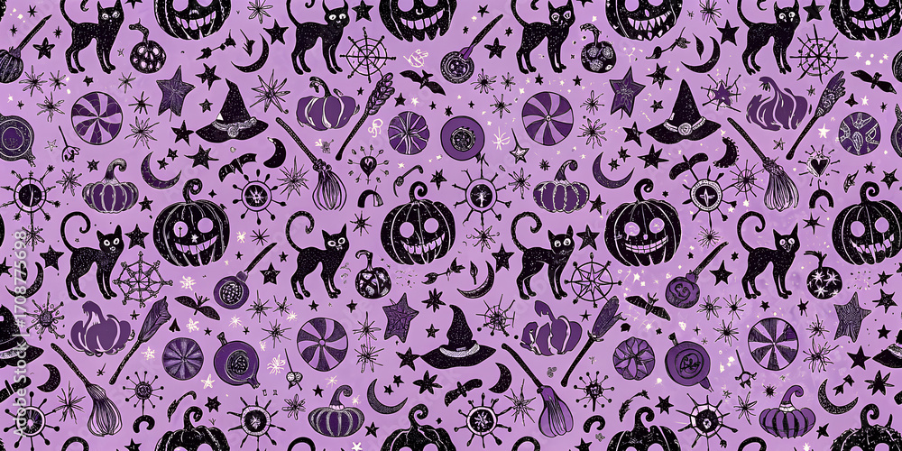 Halloween seamless pattern. Vector background with pumpkin cat witch hat potion. Cute esoteric design. Black spooky wallpaper illustration. Cat horror sketch art. Magic psychedelic halloween pattern