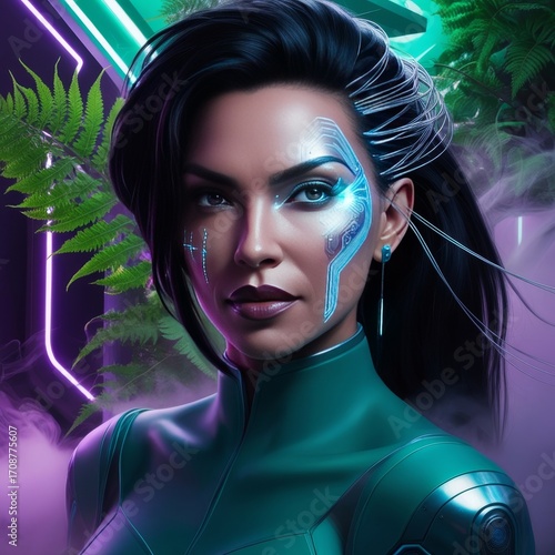 Futuristic woman with glowing accents in a vibrant, tech-inspired environment surrounded by greenery