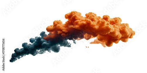 Beautiful blue smoke plume isolated on transparent background. bright orange paint color powder festival background.	