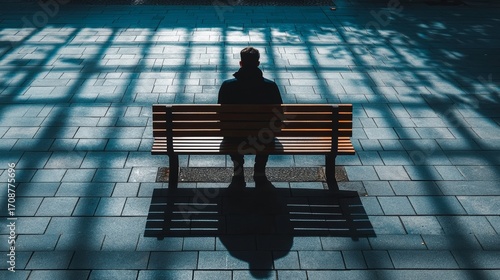 Overhead view of a solitary figure on a bench in a vast concrete plaza under harsh grid-like shadows