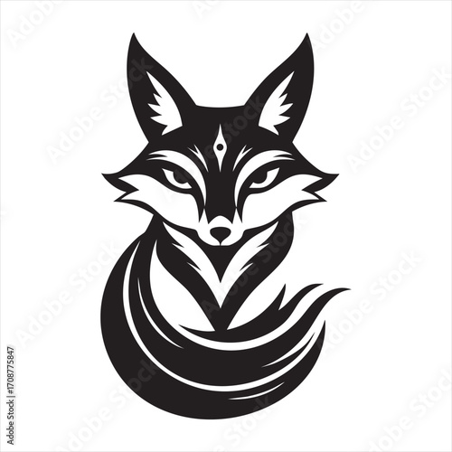 A striking black and white illustration of a fox's head and upper body. It features a distinctive third eye and a flowing, stylized tail