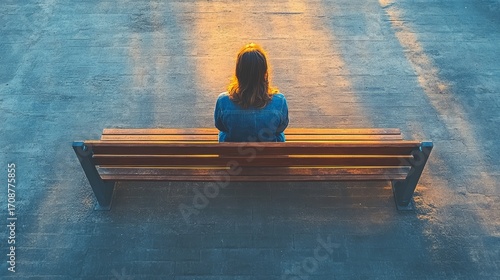 Overhead view of a solitary figure on a bench in a vast concrete plaza under harsh grid-like shadows