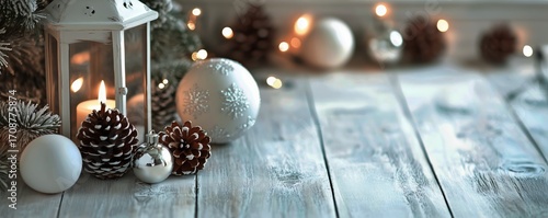 Beautiful Winter Scene With Pinecones and Ornaments Arranged on Rustic Wooden...