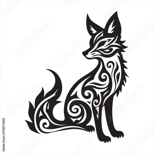 A black silhouette of a fox with intricate tribal swirl patterns adorning its body and tail, set against a white background