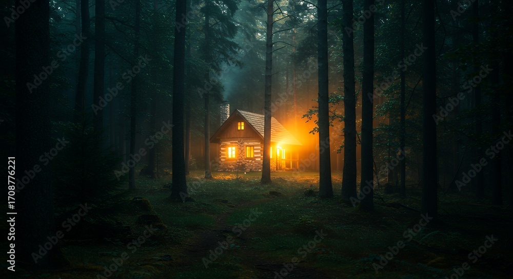 Fototapeta premium Luminous cabin in misty woods
