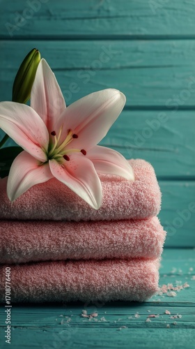 Soft Pink Towels Stacked With a Blooming Lily on a Blue Wooden Background.