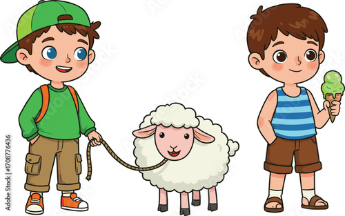Happy cartoon boys with sheep and ice cream, cute children enjoying outdoor fun, playful kids with pet and tasty treat on summer day