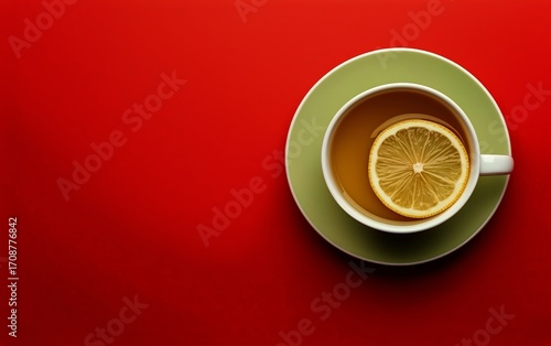 Enjoying Warm Tea With Lemon on a Vibrant Red Background During a Relaxing Mo...