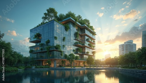 Modern eco-friendly office building with green vertical gardens and rooftop plants. Glass facade reflects serene pond and rich trees. Sustainable architecture concept for future urban living.