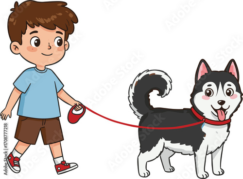 Cartoon boy walking husky dog on leash, cute child pet illustration, outdoor activity, kid and puppy, happy friendship moment, fun pet scene 