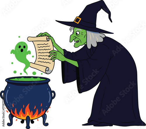 Cartoon witch with green skin reading spellbook, magical potion cauldron with ghostly apparition, Halloween character, spooky wizardry, fantasy magic concept illustration