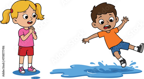 Cartoon boy slipping on water puddle, scared girl watching, kids accident illustration, safety awareness concept, childhood danger, outdoor mishap, learning moment