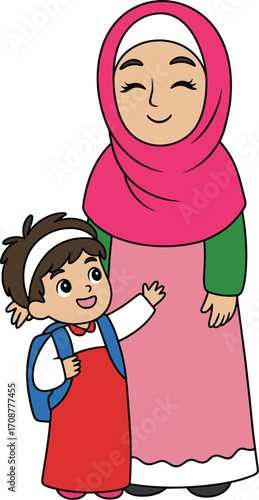Muslim mother and daughter hugging happily, cartoon character illustration, Islamic family love concept, school girl with backpack, wearing traditional clothing