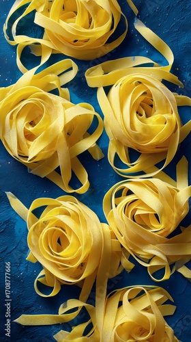 Fresh Yellow Fettuccine Pasta Arranged in Rose Shapes on a Blue Background