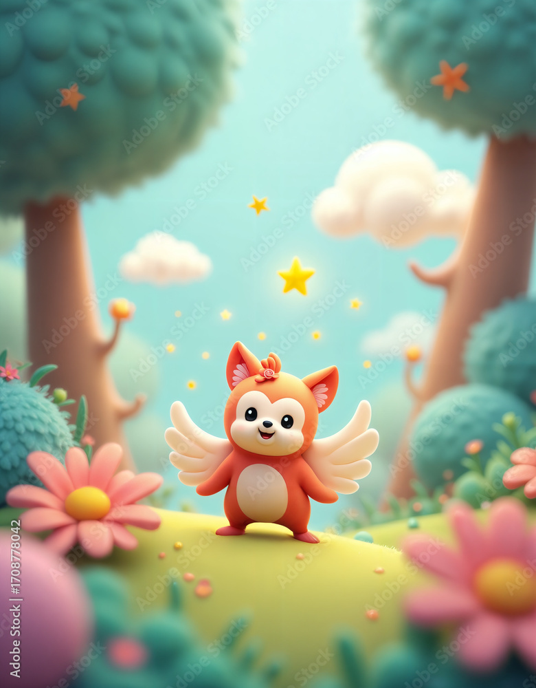 Fototapeta premium Adorable winged fox character in whimsical 3D rendered fairytale forest scene; cheerful, magical mood.
