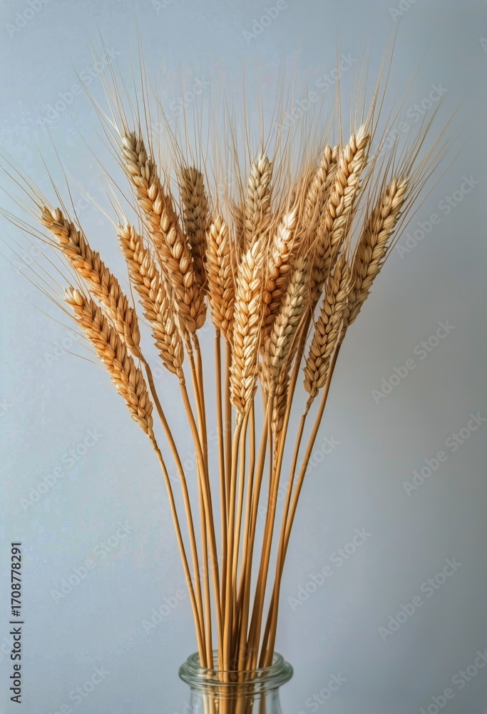Fototapeta premium Dried Wheat Stalks Arranged in a Decorative Bouquet Against a Light Background.