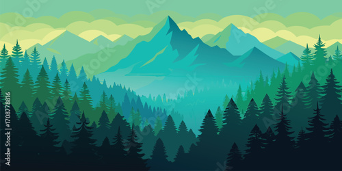 Teal and green mountain range with pine forest and layered sky mountains nature.  landscape, green, teal, pine, evergreen, coniferous, trees, silhouette, sky, hills, scenic, wild, illustration. 
