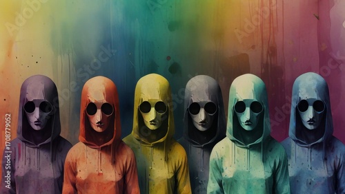 Colorful figures in hoods create an intriguing art display in a vibrant urban setting