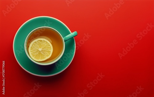 Warm Lemon Tea in a Green Cup on a Bright Red Table for a Cozy Moment