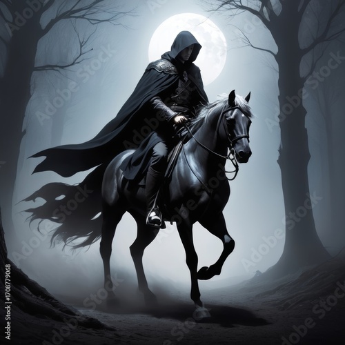 Mysterious figure on horseback rides through dark forest under full moon at night