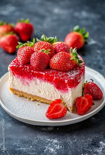 Delicious Strawberry Cheesecake Served on a White Plate With Fresh Strawberri...