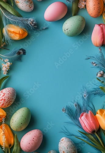 Colorful Easter Eggs and Spring Flowers Arranged on a Blue Background for Fes...