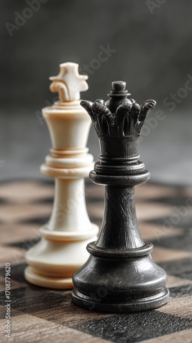 Black and White Chess Pieces Poised for Strategic Gameplay on a Wooden Board.