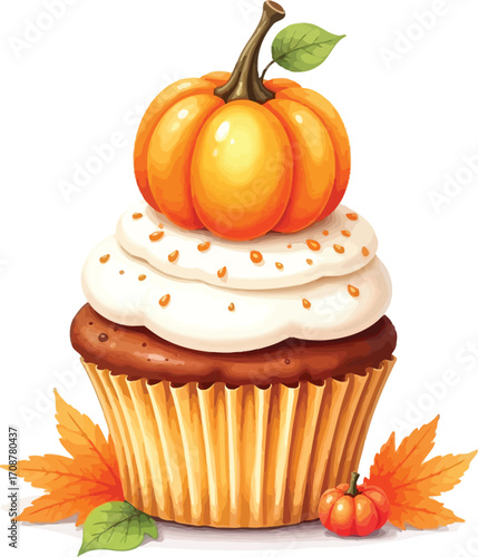 Delicious autumn pumpkin spice cupcake topped with a miniature pumpkin and fall leaves