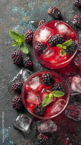 Refreshing Blackberry Drink With Ice and Mint on a Textured Surface.