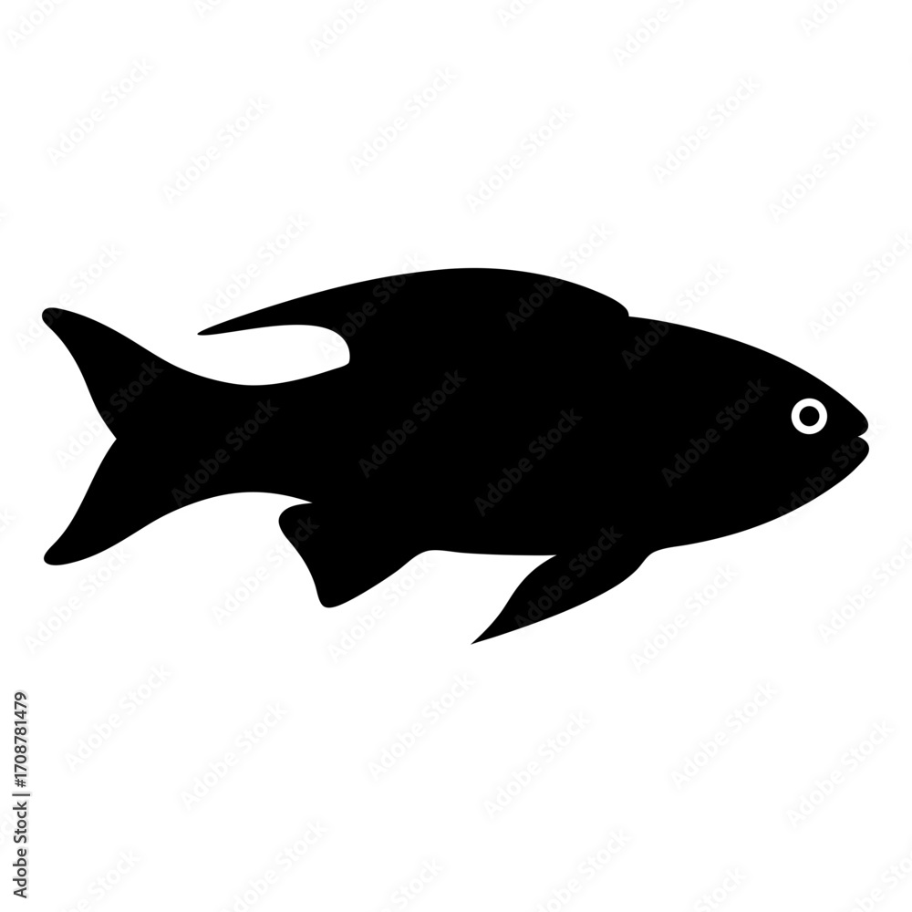 Obraz premium Simple black fish silhouette with white eye on a white background