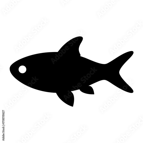 Black silhouette of a cartoon fish with fins and large tail