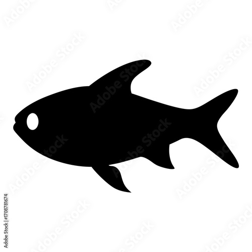 Simple black silhouette of a fish swimming sideways with a white eye