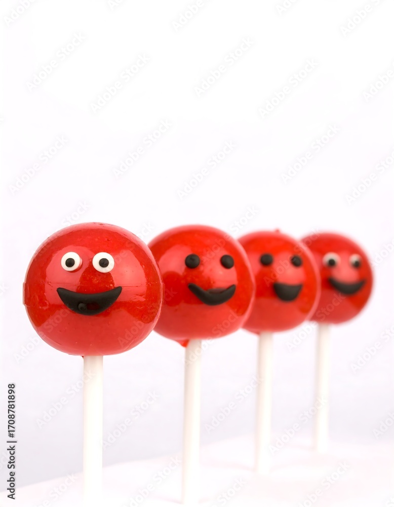 Fototapeta premium Four red lollipop treats, each with a smiling face