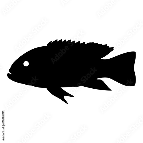 Black silhouette of a fish with spiky dorsal fin and circular eye