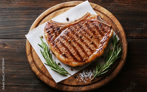 Perfectly Grilled Steak Presented on a Wooden Board With Fresh Herbs.