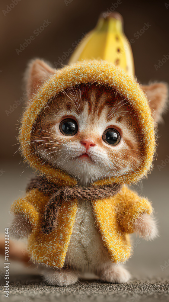 Obraz premium Adorable Cat in Yellow Outfit: A charming kitten wearing a cute yellow outfit, complete with a matching hoodie and banana, exuding an irresistibly cute and cuddly vibe.