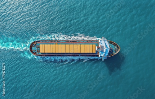 Container Ship Navigating Through Clear Blue Waters in Bright Sunlight