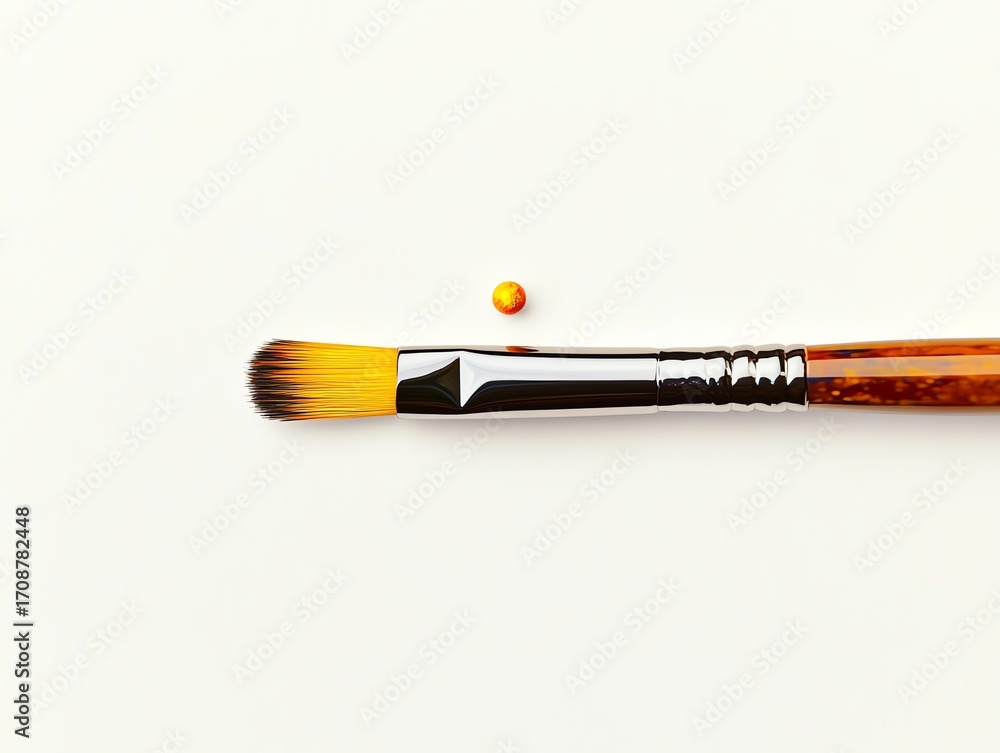 Fototapeta premium Paintbrush and paint drop on white background, symbolizing creativity and artistic expression.