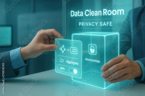 Data clean room action for privacy compliance corporate office digital content high-tech environment close-up viewpoint anonymization concept