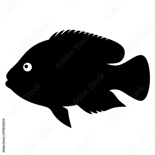 Silhouette of a spiky finned fish swimming to the left side