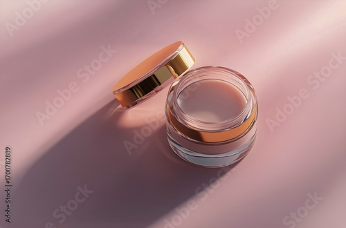 Clear Cosmetic Jar on a Soft Pink Background With Golden Lid and Natural Light