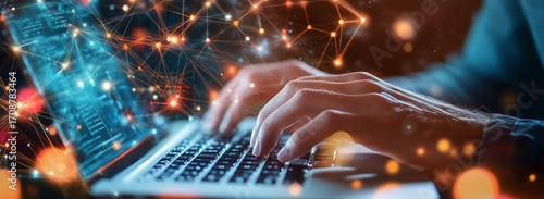 Creative Digital Work at Night With Glowing Data Connections and Hands on a L...