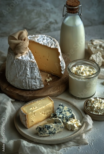Cheese Platter Displayed With Fresh Dairy Products in a Rustic Setting