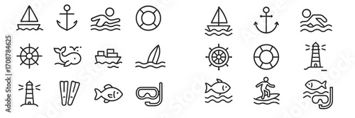Nautical themed icons showcasing various water activities and marine life in a playful design