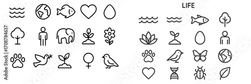 Unique collection of simple line art icons representing nature, animals, and life concepts