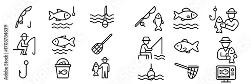 Fishing icons representing various fishing activities at a lake or river in clear, simple designs