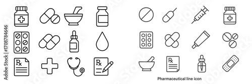 Collection of pharmaceutical icons representing medicine tools and supplies for healthcare