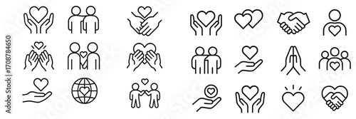 Icons representing love, connection, and unity among people in a simple line art style