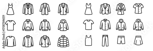 Variety of clothing designs displayed in simple line art, showcasing casual and formal styles for different seasons