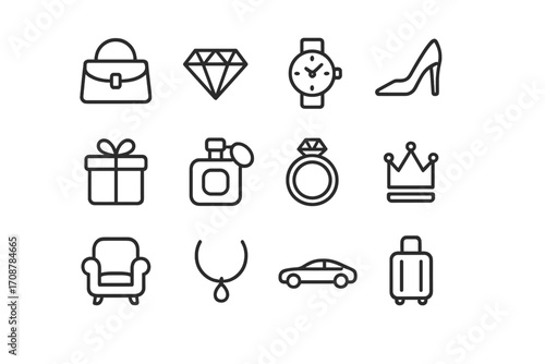 Stylish accessory icons representing luxury items for lifestyle and fashion enthusiasts